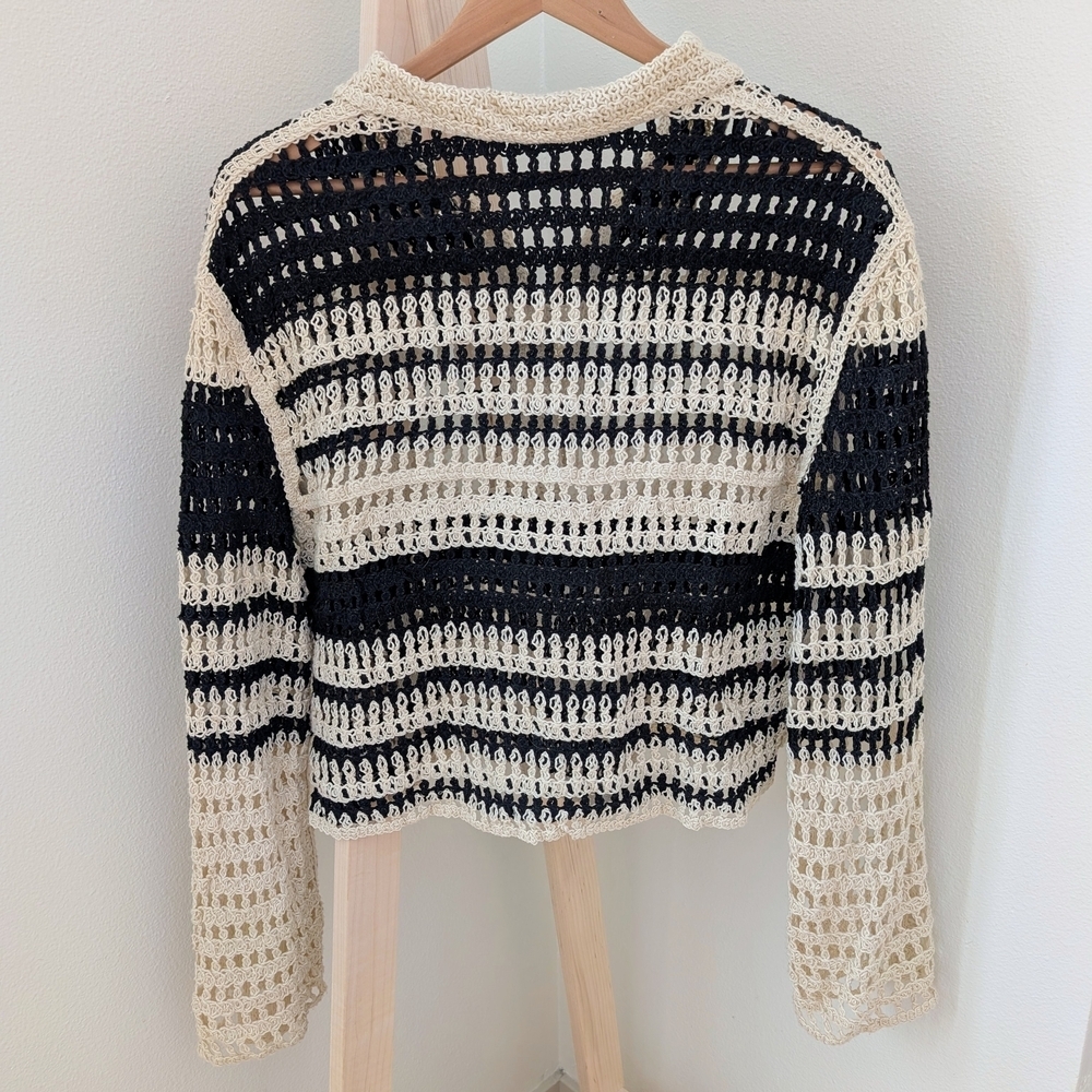 Zara Crochet Open Knit Striped Collared Henley Top In Black/Ivory - Picture 9 of 11